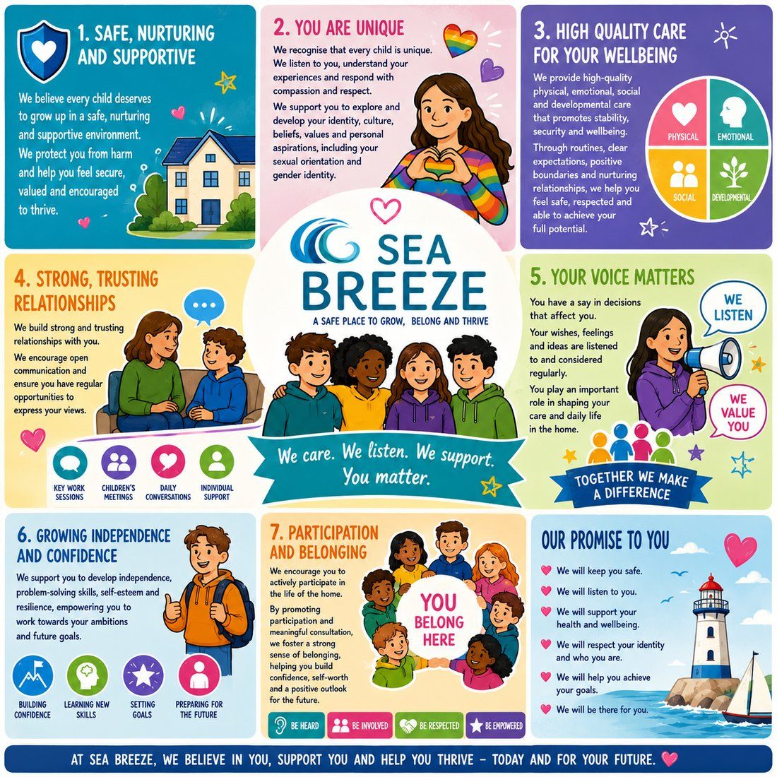 Our promise to you at Sea Breeze: safe, nurturing and supportive care, your voice matters, growing independence and confidence